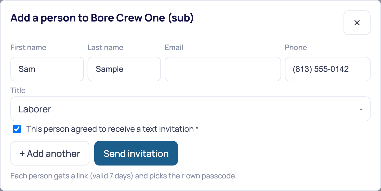 The Add a person form in Hodor Prints, with first name, last name, email and phone fields, a title, and a ticked required checkbox reading 'This person agreed to receive a text invitation', above a Send invitation button.