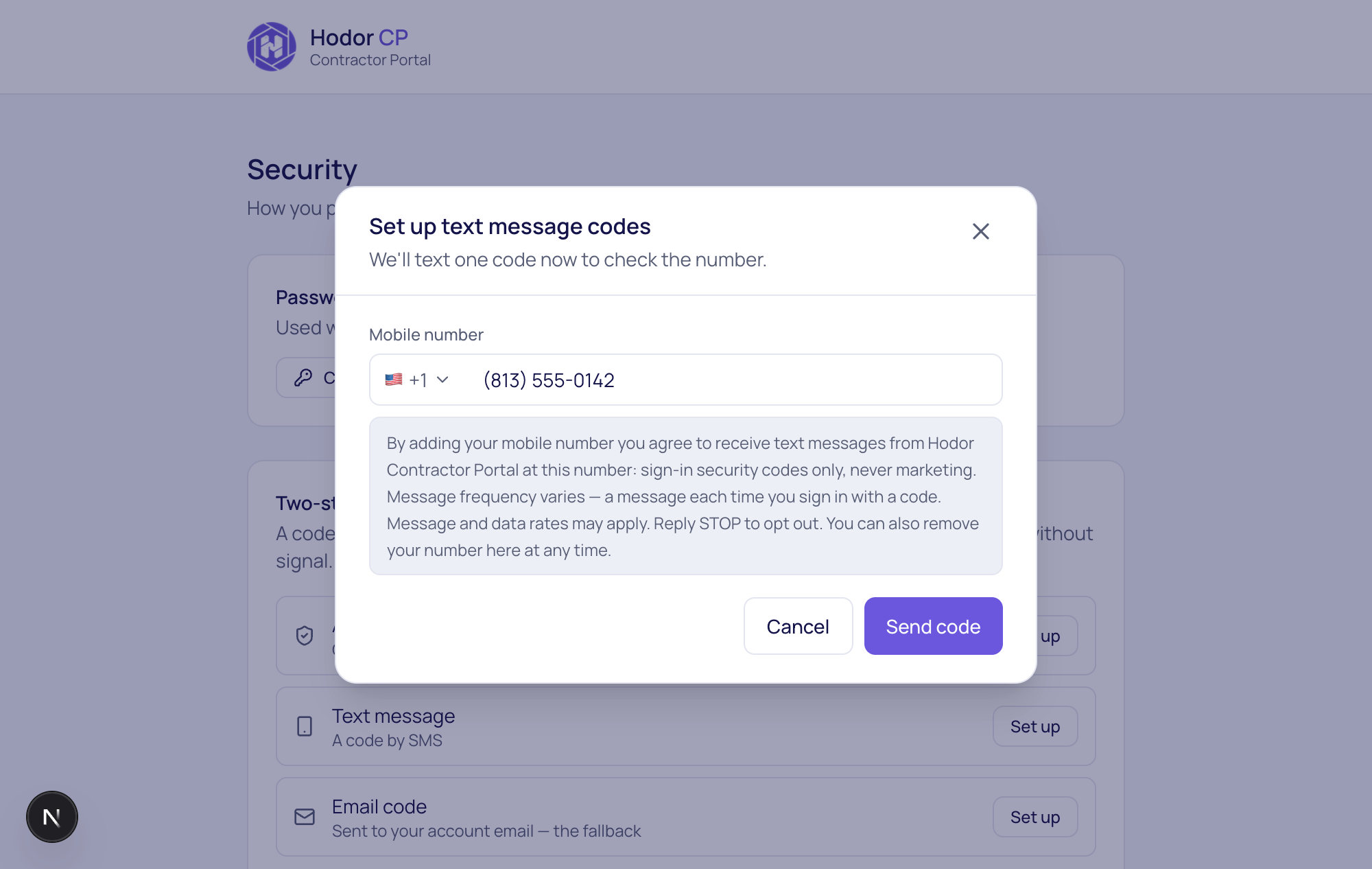 The Security settings screen in Hodor Contractor Portal. A dialog titled 'Set up text message codes' contains a mobile number field, the consent paragraph quoted below the image, a Cancel button and a Send code button.